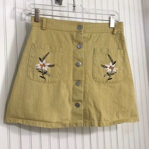 Yellow Embroidered Denim Button Front Skirt
